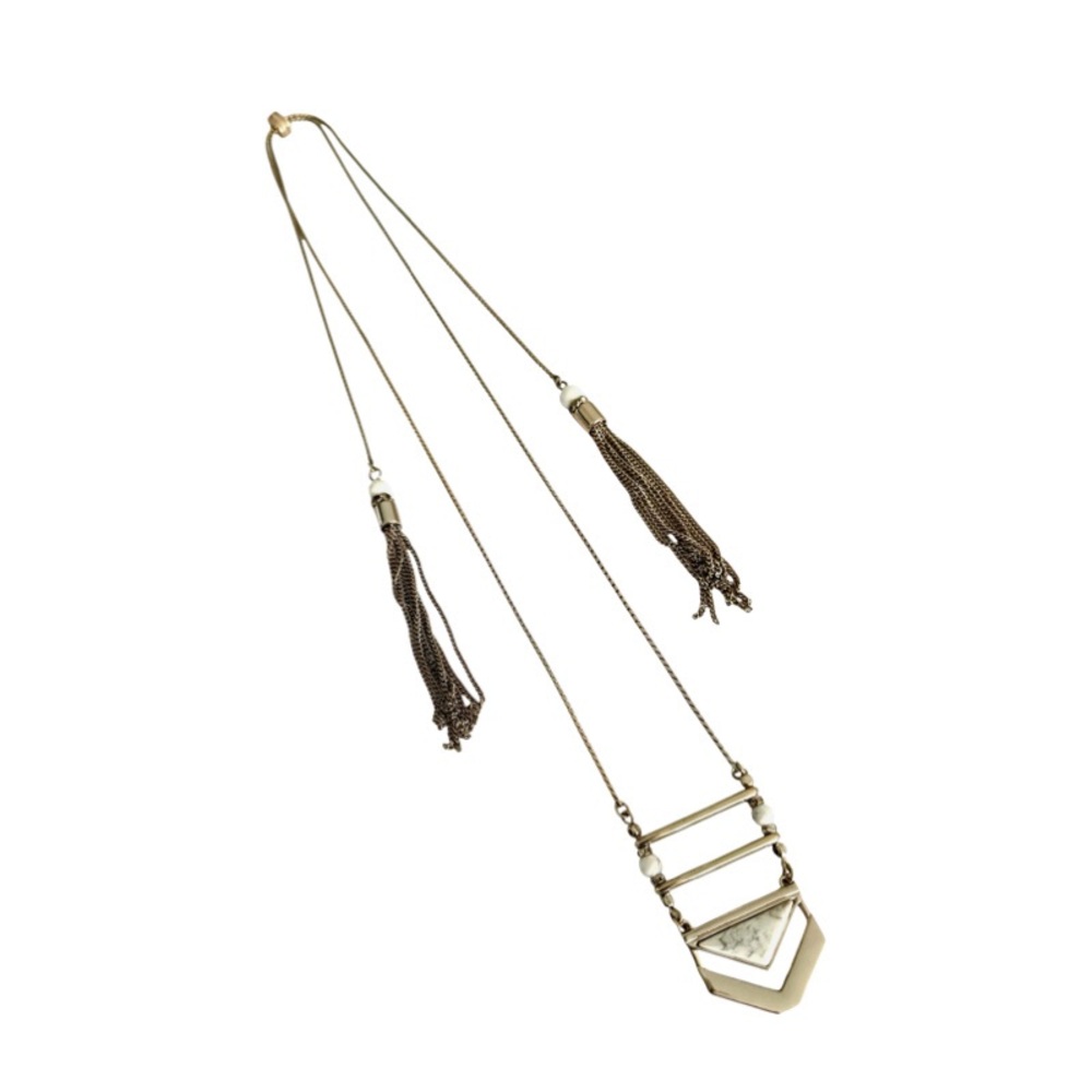 Lariat Pendant Necklace Adjustable Tassel Pull White Gold Tone